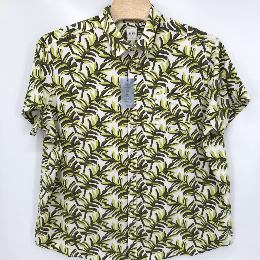 ROWM Button Down Shirt Mens 3XB White Green Leaf Rec Relax Performance Stretch‎
